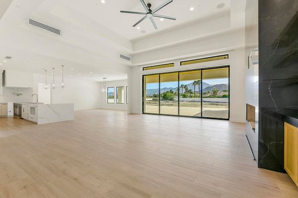 Interior, Kitchen, Marble Walls, Pendant Lights, Recessed Lighting, Wood Texture Flooring