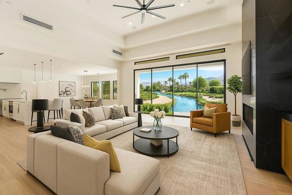 Dining room, Fireplace, Interior, Kitchen, Living room, Pendant Lights, Recessed Lighting, Water, Wood Texture Flooring