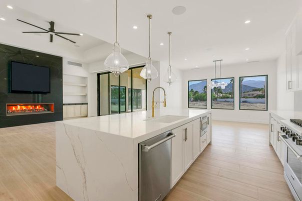 Fireplace, Interior, Kitchen, Pendant Lights, Recessed Lighting, Stainless Steel Appliances, Wood Texture Flooring