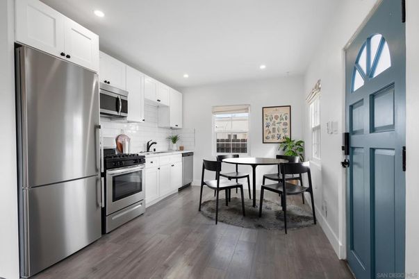 Dining room, Interior, Kitchen, Recessed Lighting, Stainless Steel Appliances, Wood Texture Flooring