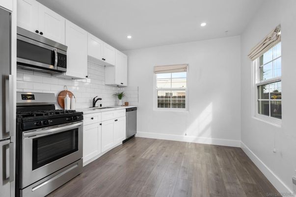 Interior, Kitchen, Recessed Lighting, Stainless Steel Appliances, Wood Texture Flooring