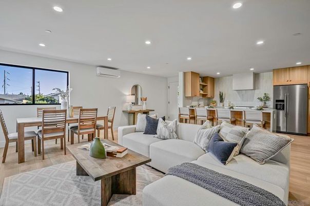 Dining room, Interior, Kitchen, Living room, Recessed Lighting, Stainless Steel Appliances, Wood Texture Flooring