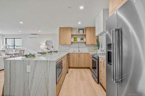 Interior, Kitchen, Recessed Lighting, Stainless Steel Appliances, Wood Texture Flooring