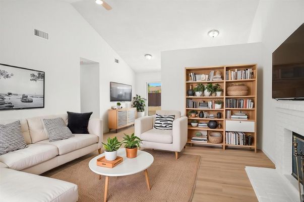 Fireplace, Interior, Living room, Recessed Lighting, Wood Texture Flooring