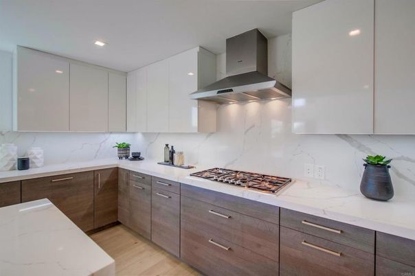 Interior, Kitchen, Marble Walls, Recessed Lighting, Wood Texture Flooring