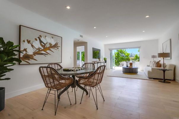 Dining room, Interior, Living room, Recessed Lighting, Wood Texture Flooring