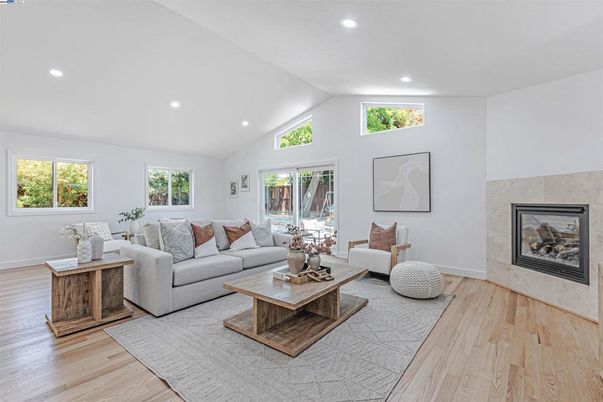 Fireplace, Interior, Living room, Recessed Lighting, Wood Texture Flooring