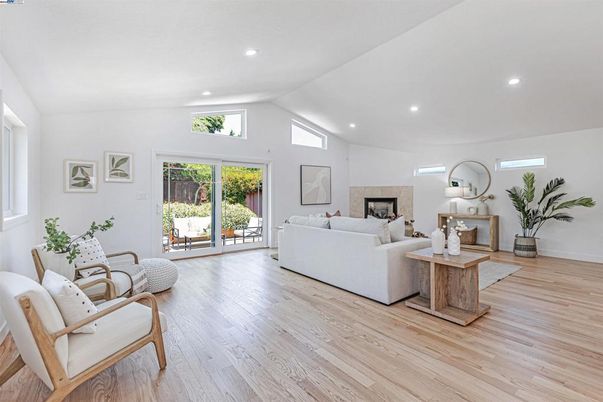 Fireplace, Interior, Living room, Recessed Lighting, Wood Texture Flooring