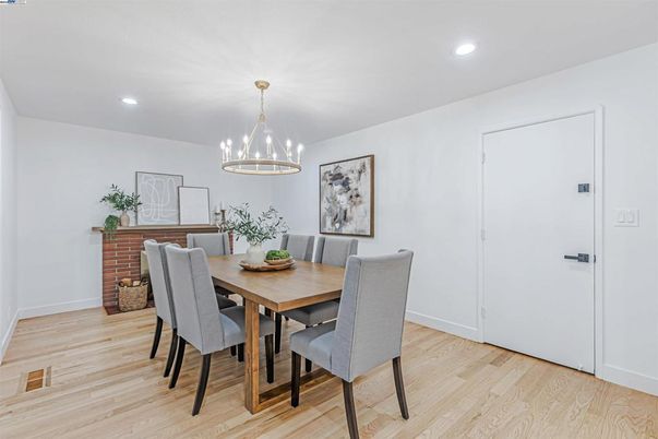 Dining room, Interior, Pendant Lights, Recessed Lighting, Wood Texture Flooring