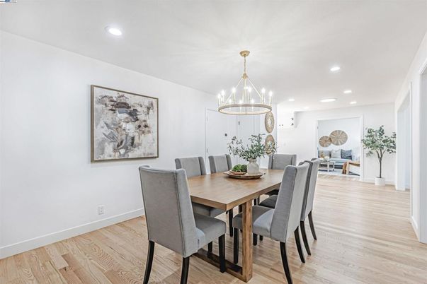 Dining room, Interior, Pendant Lights, Recessed Lighting, Wood Texture Flooring