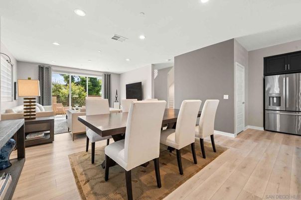 Dining room, Interior, Kitchen, Recessed Lighting, Stainless Steel Appliances, Wood Texture Flooring