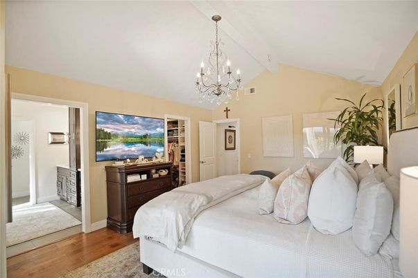 Bedroom, Chandelier, Interior, Wood Texture Flooring
