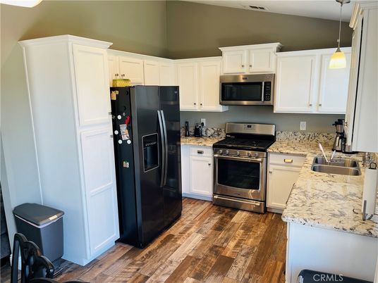 Interior, Kitchen, Pendant Lights, Stainless Steel Appliances, Wood Texture Flooring
