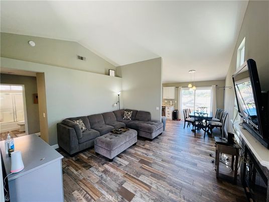 Dining room, Interior, Living room, Pendant Lights, Wood Texture Flooring