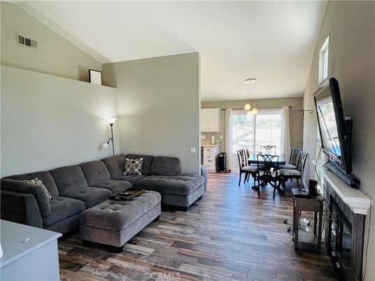 Dining room, Interior, Living room, Pendant Lights, Wood Texture Flooring