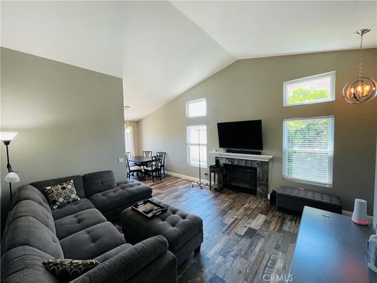 Dining room, Fireplace, Interior, Living room, Pendant Lights, Wood Texture Flooring