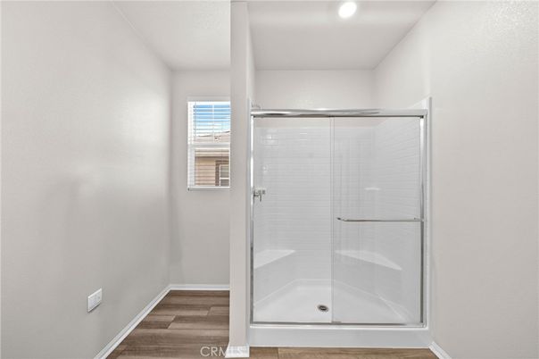 Bathroom, Glass Shower, Interior, Recessed Lighting, Wood Texture Flooring
