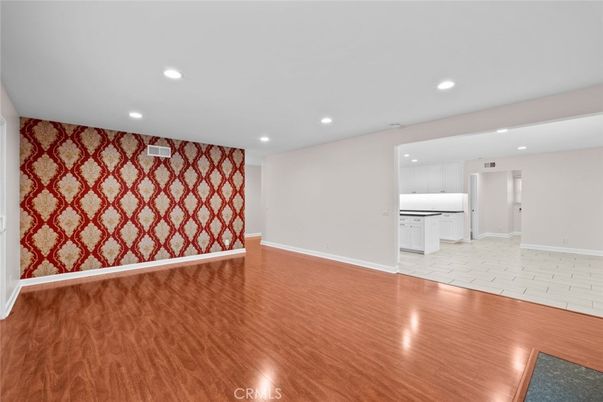 Empty room, Interior, Kitchen, Recessed Lighting, Wood Texture Flooring