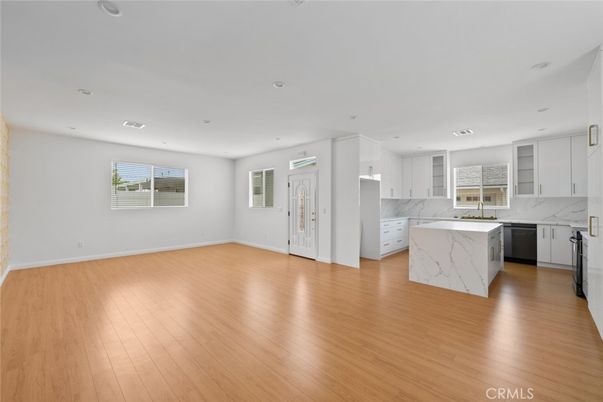 Empty room, Interior, Kitchen, Marble Walls, Recessed Lighting, Wood Texture Flooring