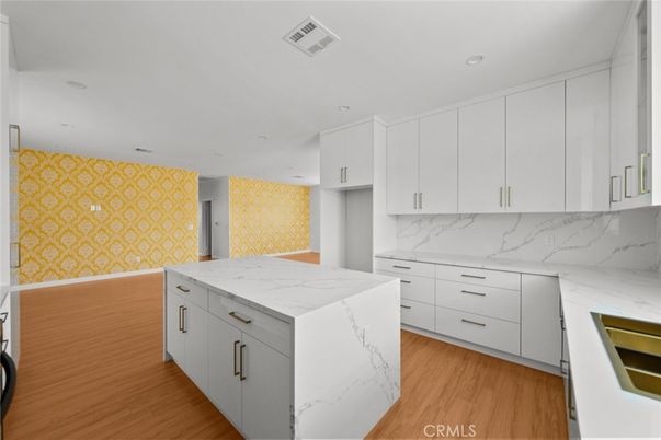 Interior, Kitchen, Marble Walls, Recessed Lighting, Wood Texture Flooring