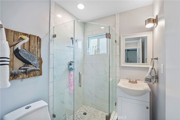Bathroom, Glass Shower, Interior, Marble Walls, Recessed Lighting
