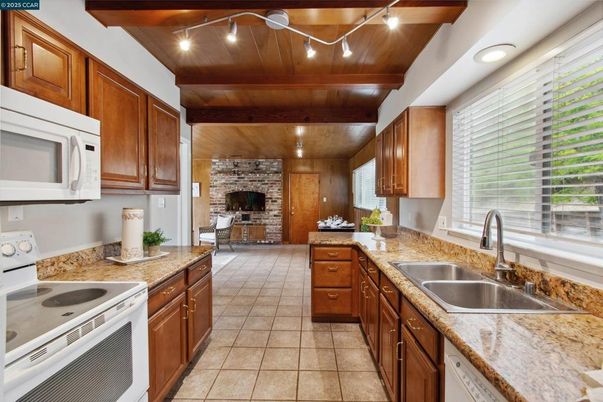 Fireplace, Interior, Kitchen, Recessed Lighting, Stone Walls, Wooden Ceilings