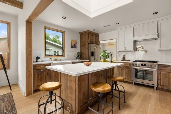 Interior, Kitchen, Recessed Lighting, Stainless Steel Appliances, Wooden Beams, Wood Texture Flooring