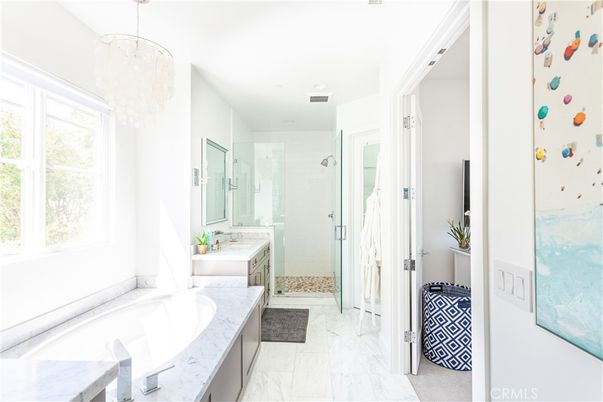 Bathroom, Chandelier, Glass Shower, Interior, Marble, Recessed Lighting
