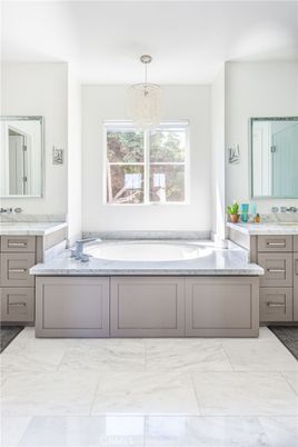 Bathroom, Chandelier, Dual Sink Vanities, Interior, Marble