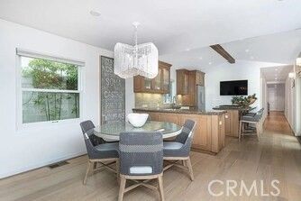 Chandelier, Dining room, Interior, Kitchen, Recessed Lighting, Wooden Beams, Wood Texture Flooring