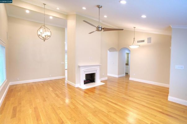 Empty room, Fireplace, Interior, Pendant Lights, Recessed Lighting, Wood Texture Flooring