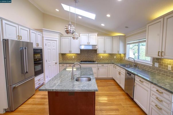 Interior, Kitchen, Pendant Lights, Recessed Lighting, Stainless Steel Appliances, Wood Texture Flooring