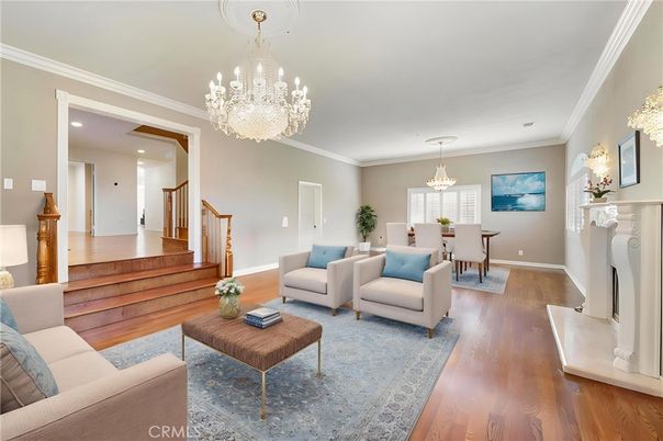 Chandelier, Dining room, Fireplace, Interior, Living room, Recessed Lighting, Wood Texture Flooring
