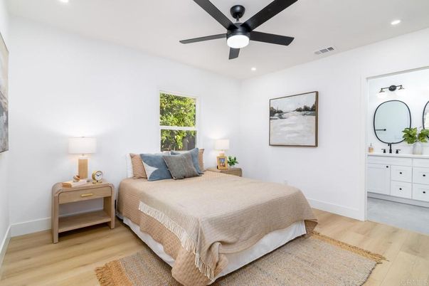 Bedroom, Interior, Recessed Lighting, Wood Texture Flooring
