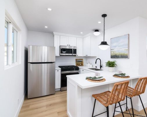 Interior, Kitchen, Pendant Lights, Recessed Lighting, Stainless Steel Appliances, Wood Texture Flooring