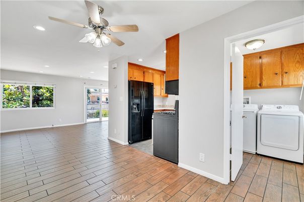Interior, Kitchen, Recessed Lighting, Utility Closets, Washer, Wood Texture Flooring