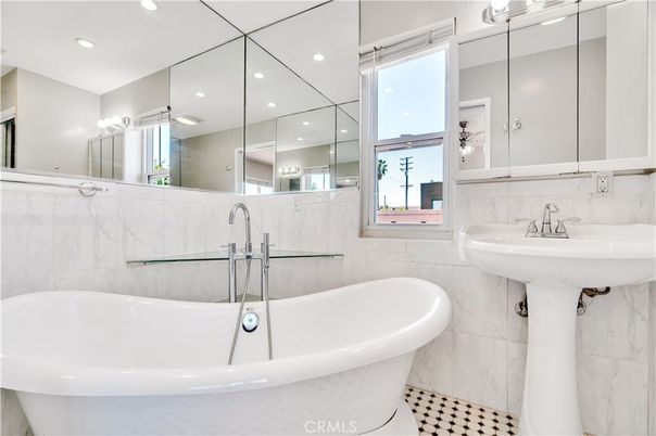 Bathroom, Dual Sink Vanities, Free Standing Baths, Interior, Marble Walls, Recessed Lighting