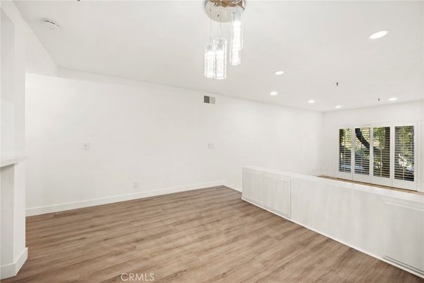 Empty room, Interior, Pendant Lights, Recessed Lighting, Wood Texture Flooring