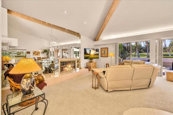 Dining room, Fireplace, Interior, Living room, Recessed Lighting, Wooden Beams