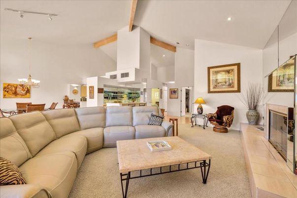 Chandelier, Dining room, Fireplace, Interior, Living room, Recessed Lighting, Wooden Beams