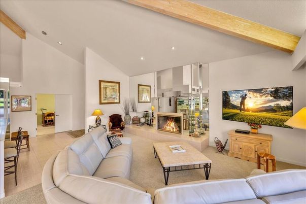 Fireplace, Interior, Living room, Recessed Lighting, Wooden Beams