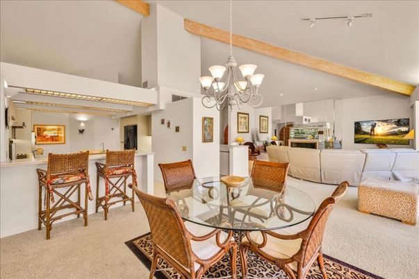 Chandelier, Dining room, Interior, Kitchen, Living room, Recessed Lighting, Wooden Beams