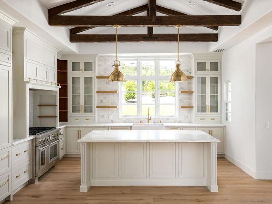 Interior, Kitchen, Pendant Lights, Stainless Steel Appliances, Wooden Beams, Wood Texture Flooring