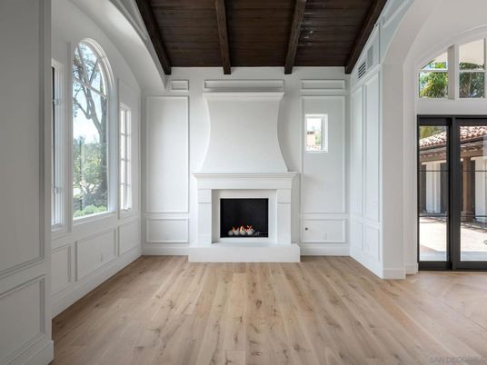 Empty room, Fireplace, Interior, Wooden Beams, Wooden Ceilings, Wood Texture Flooring