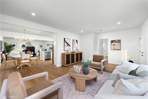 Dining room, Fireplace, Interior, Kitchen, Living room, Pendant Lights, Recessed Lighting, Stainless Steel Appliances, Wood Texture Flooring