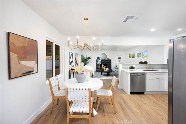 Dining room, Fireplace, Interior, Kitchen, Living room, Pendant Lights, Recessed Lighting, Wood Texture Flooring