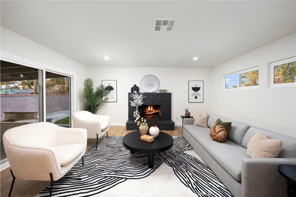 Fireplace, Interior, Living room, Recessed Lighting, Wood Texture Flooring
