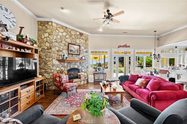 Dining room, Fireplace, Interior, Living room, Pendant Lights, Recessed Lighting, Stone Walls, Wood Texture Flooring