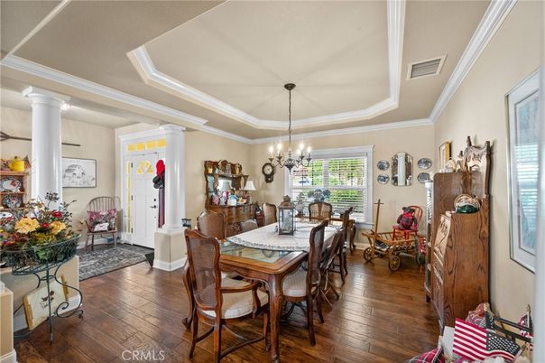 Chandelier, Dining room, Interior, Wood Texture Flooring