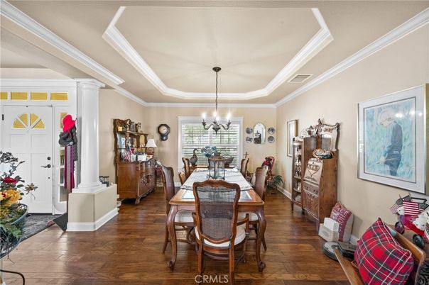 Chandelier, Dining room, Interior, Wood Texture Flooring